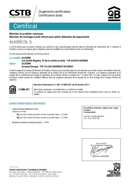 Certificat QB Alkercol S