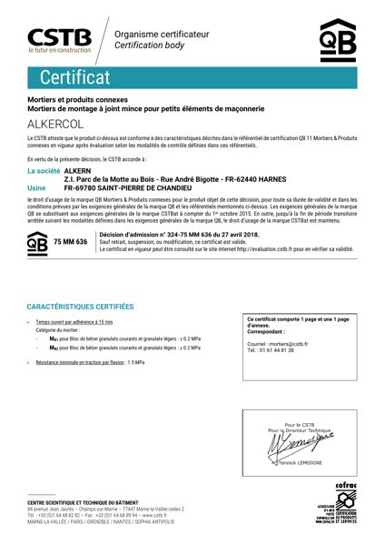 Certificat QB Alkercol
