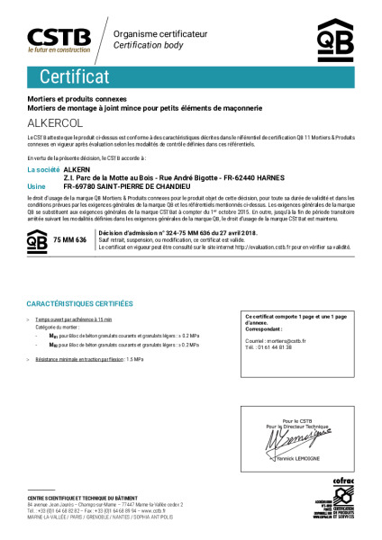 Certificat QB Alkercol