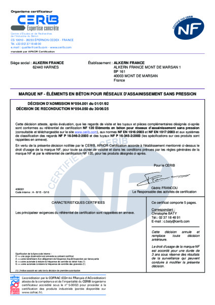 Marque NF éléments en béton pour réseaux assainissement sans pression Mont de Marsan