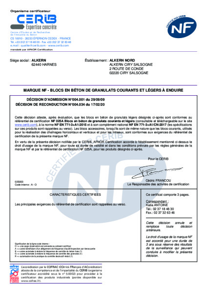 Certificat NF Acoustybloc D62188294
