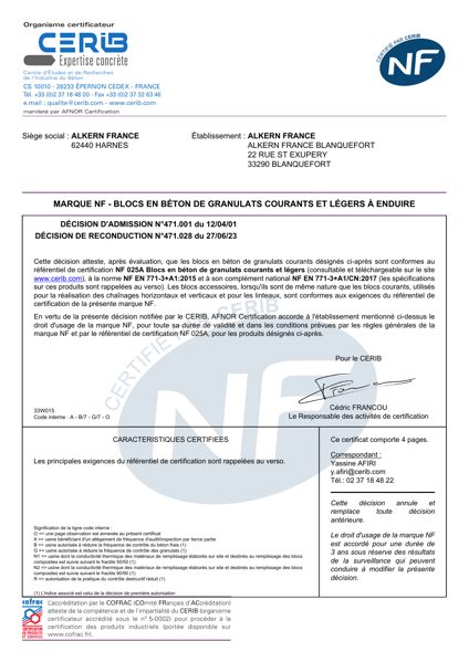Certificat NF - Blocs en béton de granulats courants - Usine Blanquefort