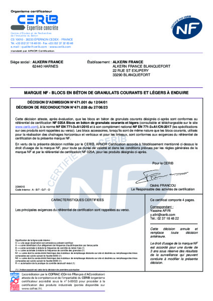 Certificat NF – Blocs en béton de granulats courants – Usine Blanquefort