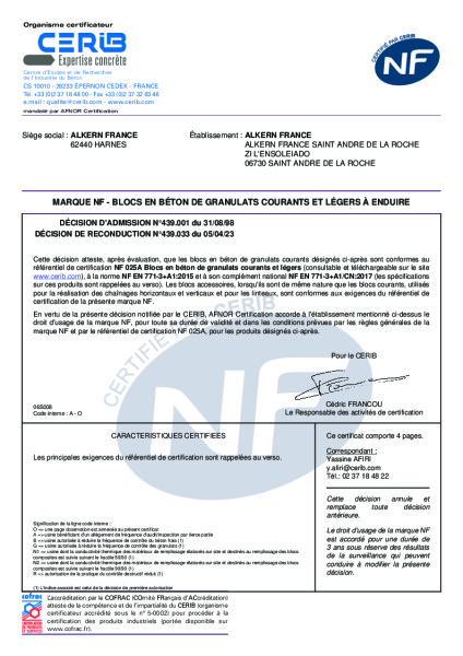 Certificat NF – Blocs en béton de granulats courants – Usine Saint andré de la roche