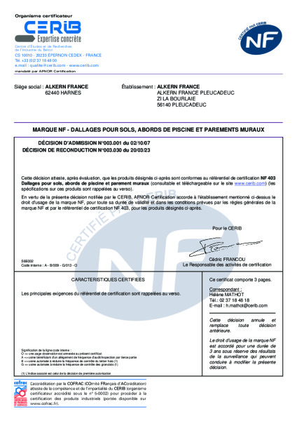 Certificat NF – Dallages pour sols, abords de piscine et parements muraux – Usine Pleucadeuc