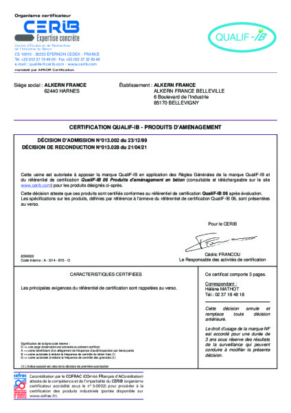 Certificat NF – Produits d’aménagement – Usine Bellevigny