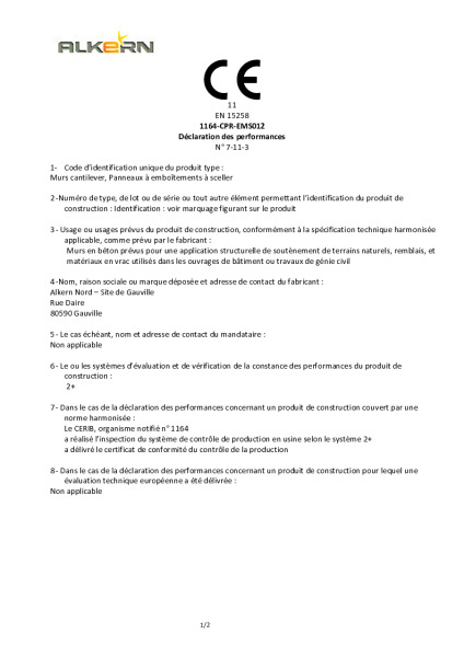 DOP – Eléments de murs de soutènement (M3) – Usine Gauville